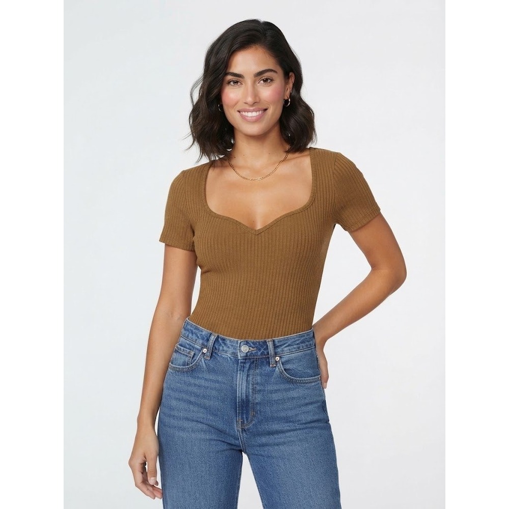 H&M Ribbed Bodysuit Womens Medium Brown Excellent Short Sleeve Notched Neck